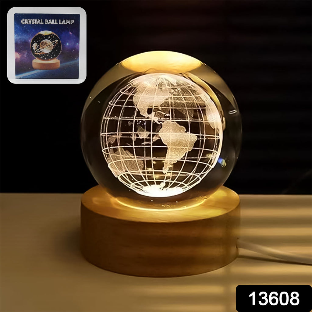 World 3d Crystal Ball Lamps With Wood Base (1 Pc)