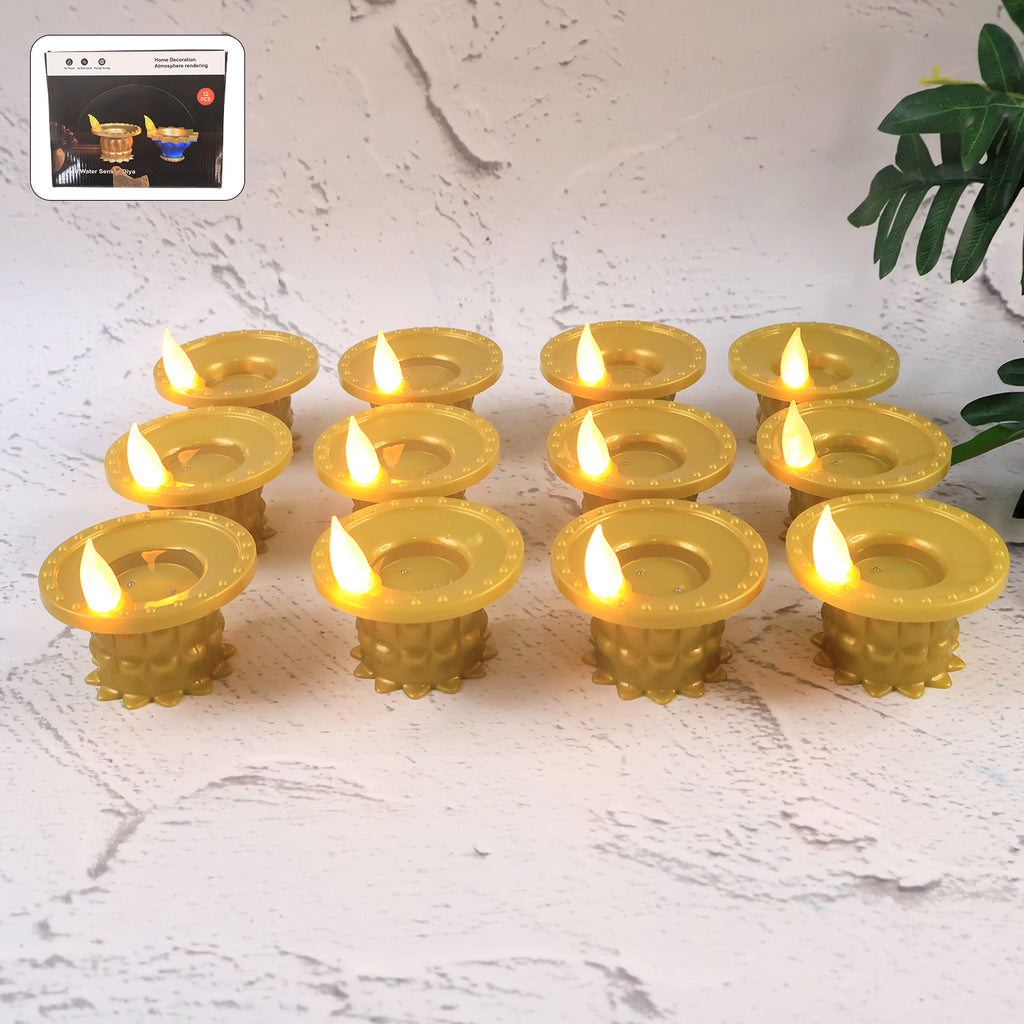Set Of 12 Water Sensor Led Golden Diyas